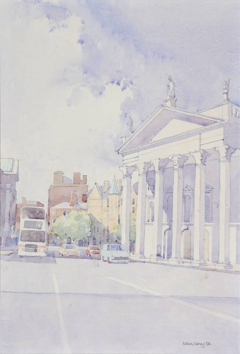 VIEW OF COLLEGE GREEN FROM WESTMORELAND STREET, DUBLIN by Arthur Gibney PPRHA (1931-2006) at Whyte's Auctions