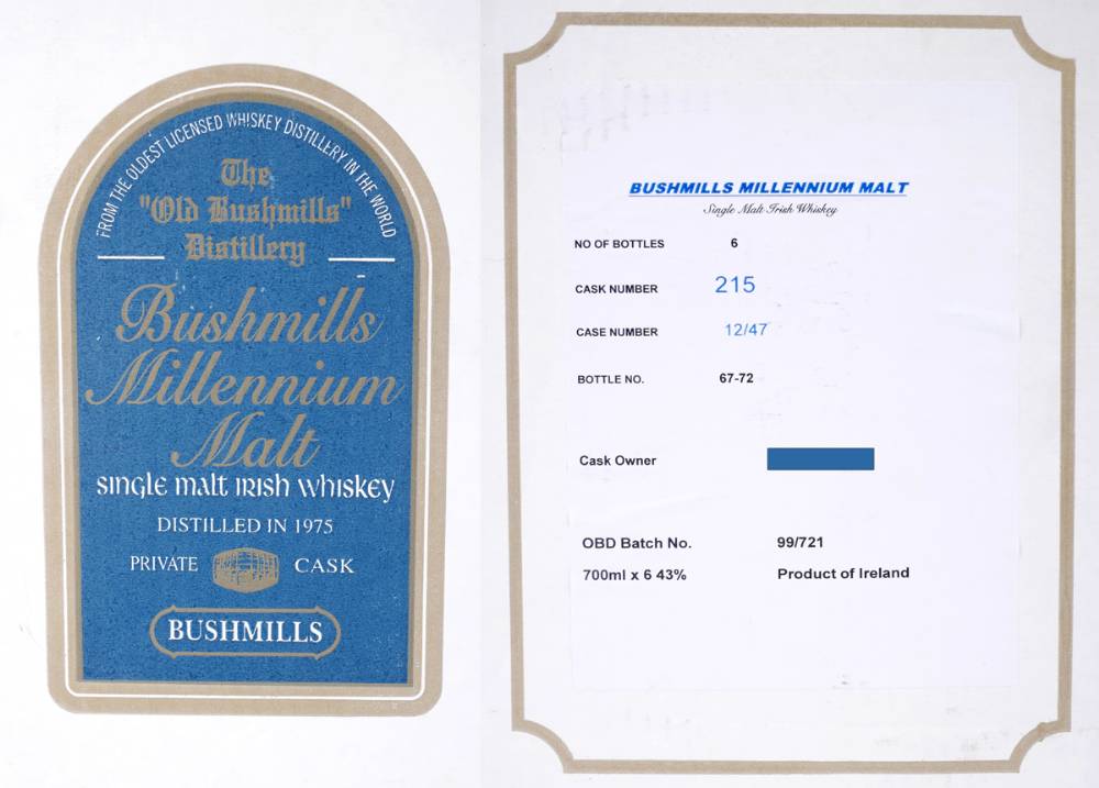 Bushmills Millennium Malt, 1975 Single Cask, Single Malt Irish Whiskey, one case of six bottles. at Whyte's Auctions