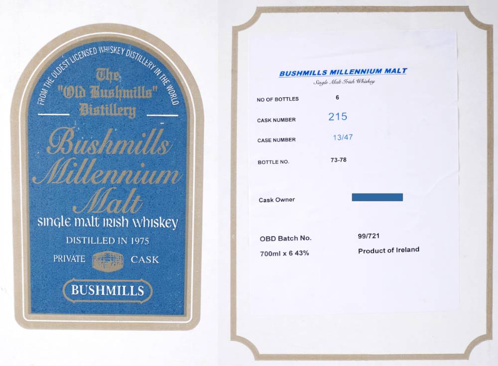 Bushmills Millennium Malt, 1975 Single Cask, Single Malt Irish Whiskey, one case of six bottles. at Whyte's Auctions