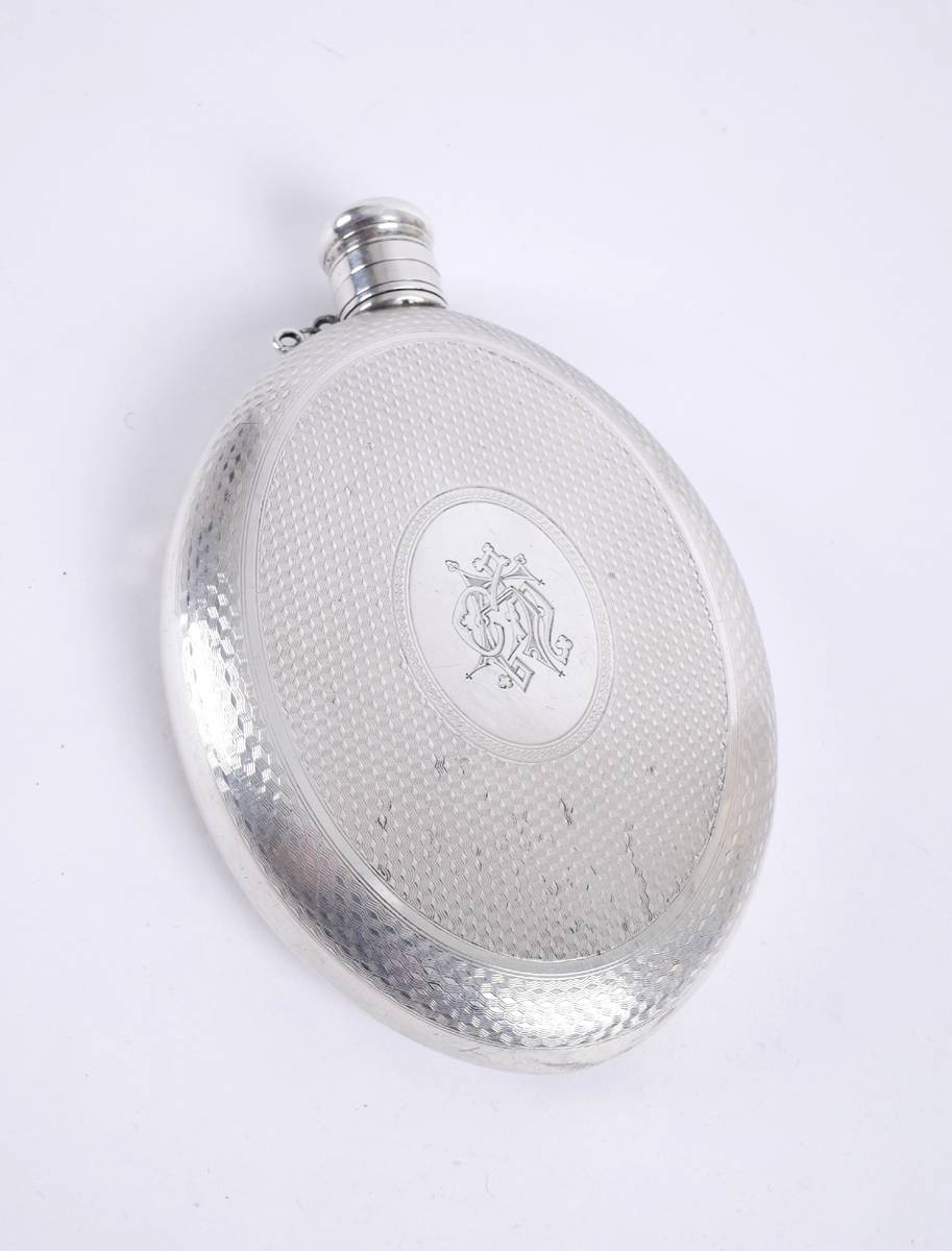 Victorian silver oval pocket flask, by Frederick Elkington at Whyte's Auctions
