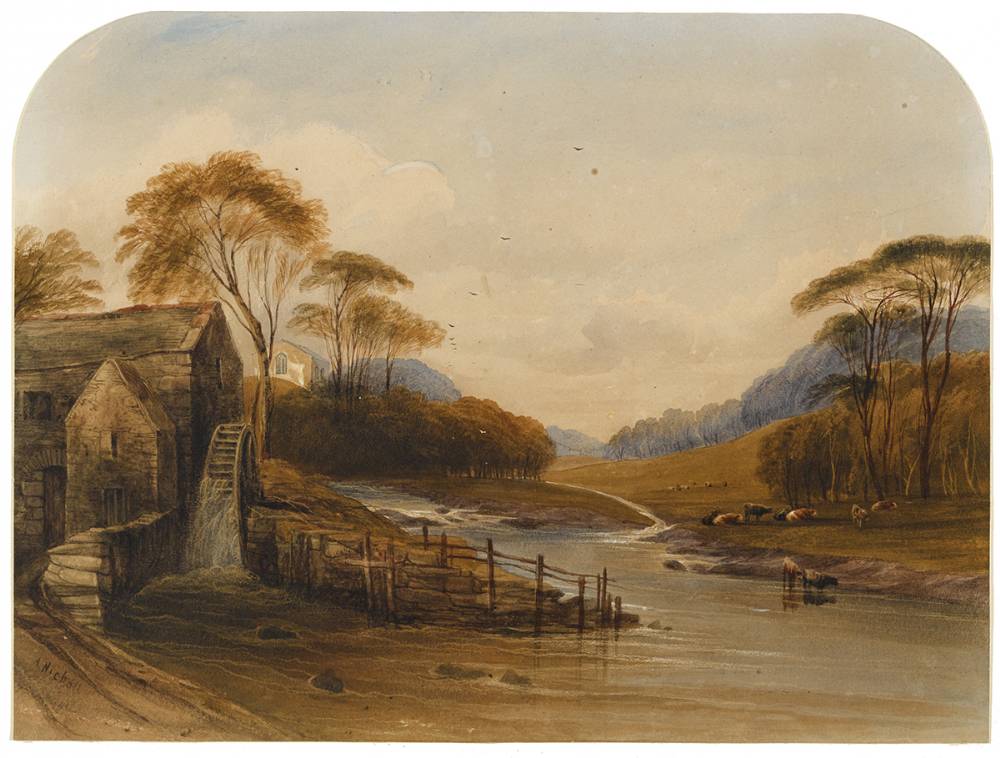 WATERMILL AND CATTLE BY A RIVER by Andrew Nicholl RHA (1804-1886) at Whyte's Auctions