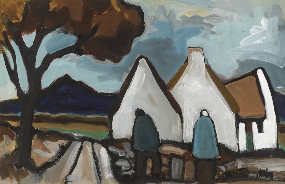 TWO SHAWLIES BEFORE COTTAGES AND MOUNTAIN by Markey Robinson (1918-1999) at Whyte's Auctions