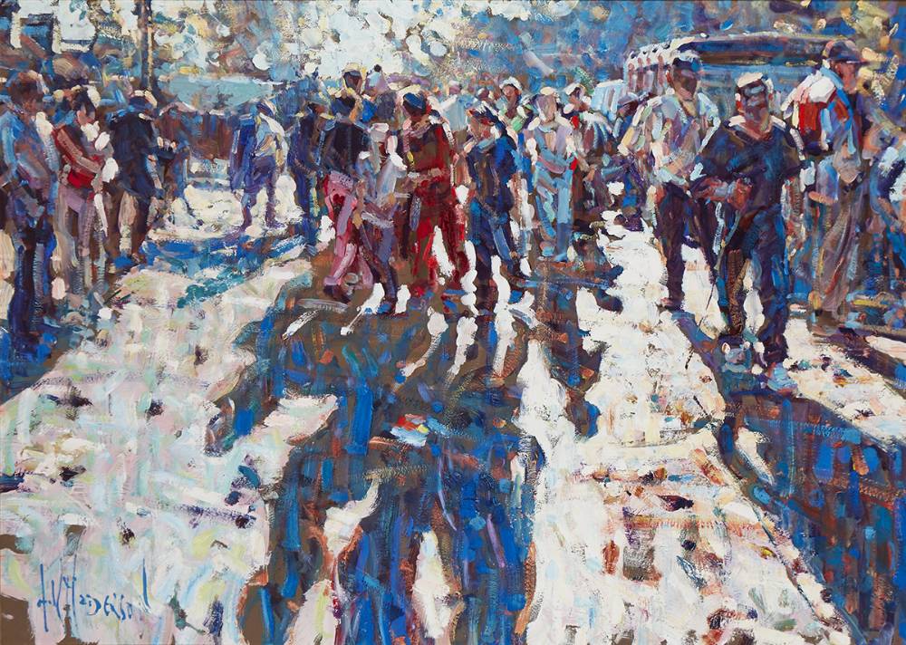 FIGURES AGAINST EVENING SUNLIGHT [TALLOW HORSE FAIR] by Arthur K. Maderson (b.1942) at Whyte's Auctions