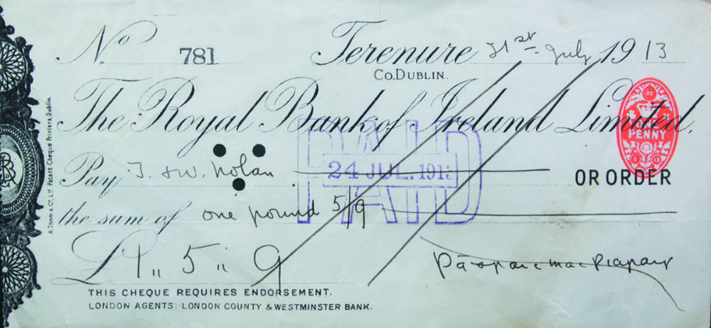 1913 (31 July) Padraig Pearse signed cheque at Whyte's Auctions