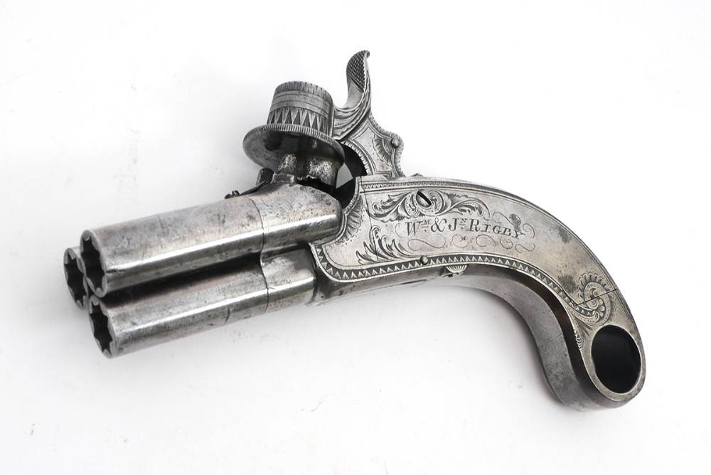 Early 19th century Irish steel triple-barrel pistol, by Wm. & Jn. Rigby, Dublin at Whyte's Auctions
