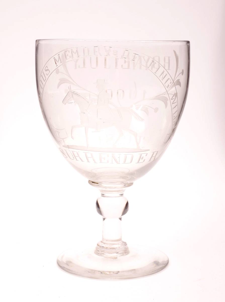 19th century Irish glass rummer with Williamite-style engraving, probably by Franz Tieze, a piggin and two plates. at Whyte's Auctions