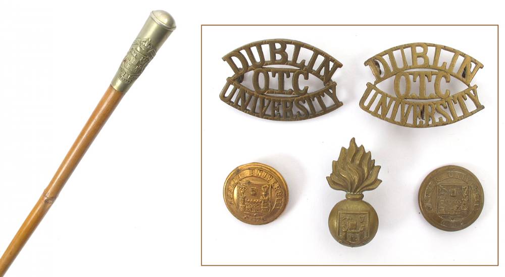1914-1918 Dublin University Officer Training Corps, swagger stick, badges and buttons. (4) at Whyte's Auctions