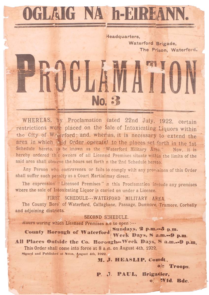 1922 (August 4) Irish Free State Army, Waterford, Proclamation No. 3. at Whyte's Auctions