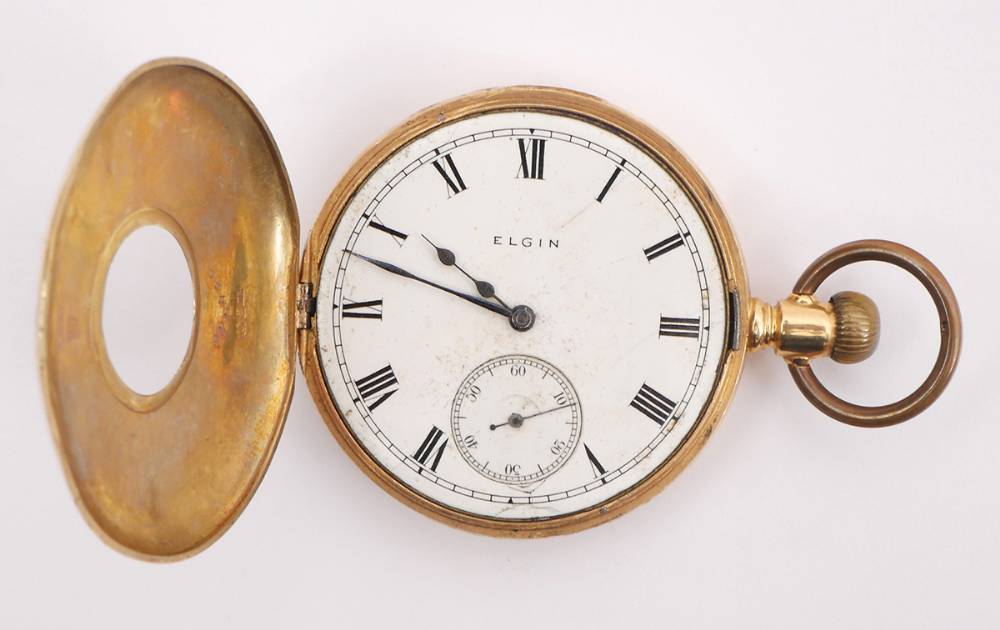 18 carat gold cased Elgin half hunter pocket watch. at Whyte's Auctions