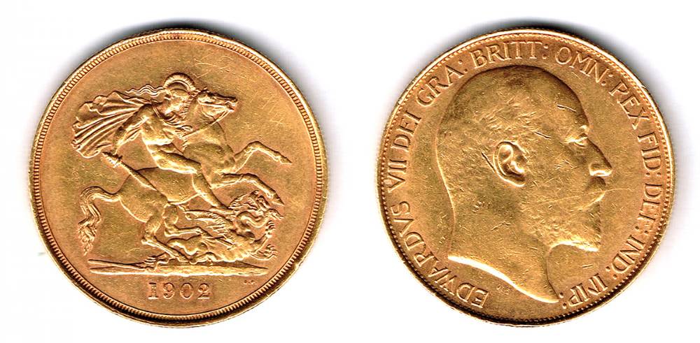 Edward VII gold five pounds coin. at Whyte's Auctions