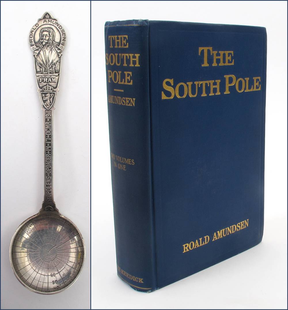 Polar exploration. Amundson, Roald. Silver spoon commemorating his achievement of the South Pole in 1911, and his account of the expedition. at Whyte's Auctions
