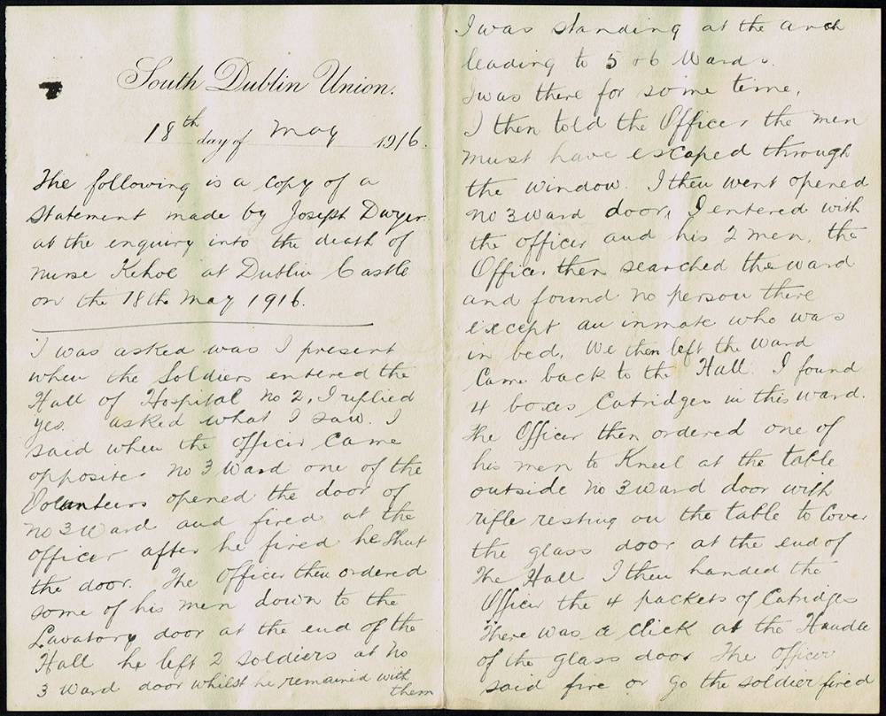 1916 Rising, South Dublin Union, death of Nurse Kehoe, witness statement. at Whyte's Auctions