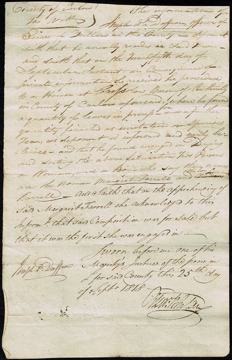 1818 Spurious tea making, statement by Excise Officer. at Whyte's Auctions