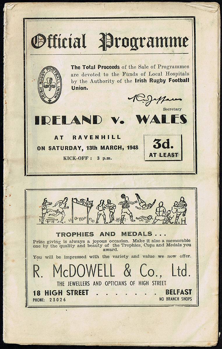 Rugby, 1948 (13 March) Ireland v. Wales, programme for Ireland's Grand-Slam winning match. at Whyte's Auctions