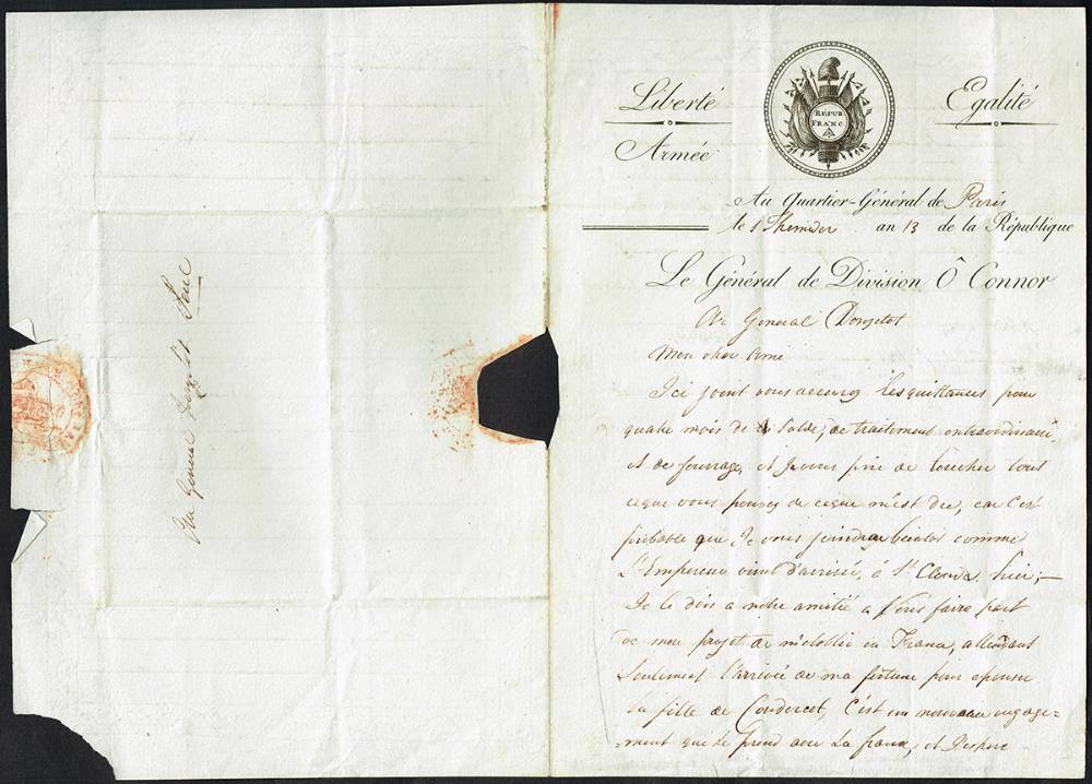 1805 (July 20 ), (1 Thermidor an 13 de la Republic) Letter from General Arthur O'Connor to General [Franois-Xavier] Donzelot. at Whyte's Auctions