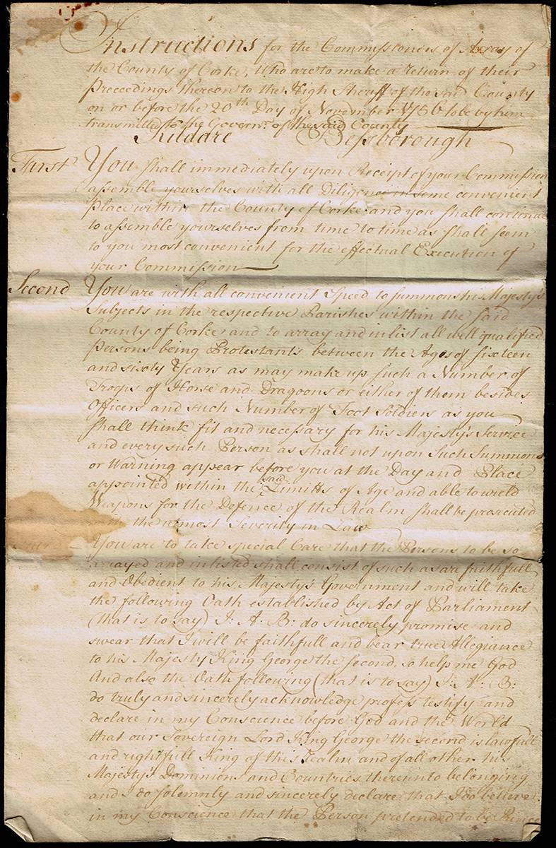 1756 (November 20) Instructions for the Commissioners of Army of the County of Cork from Lords Kildare and Bessborough. at Whyte's Auctions