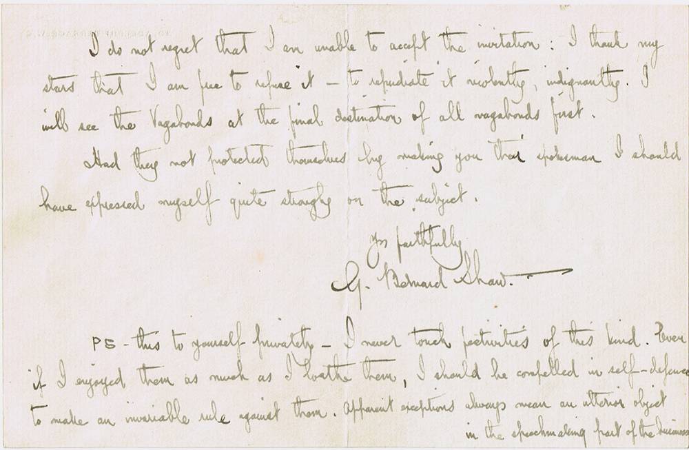 1905 (November 9) Autograph letter from George Bernard Shaw to author and academic Douglas Sladen. at Whyte's Auctions