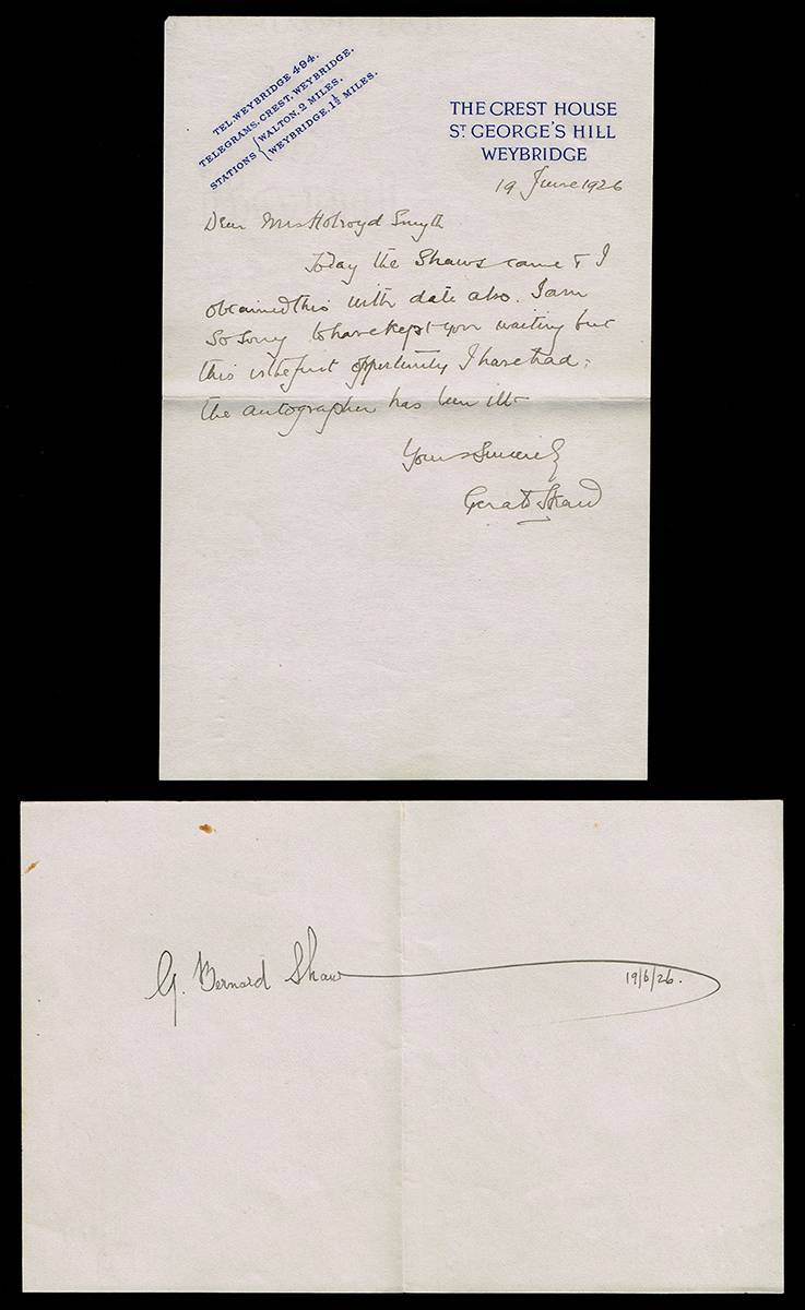 1926 George Bernard Shaw autograph signature. at Whyte's Auctions