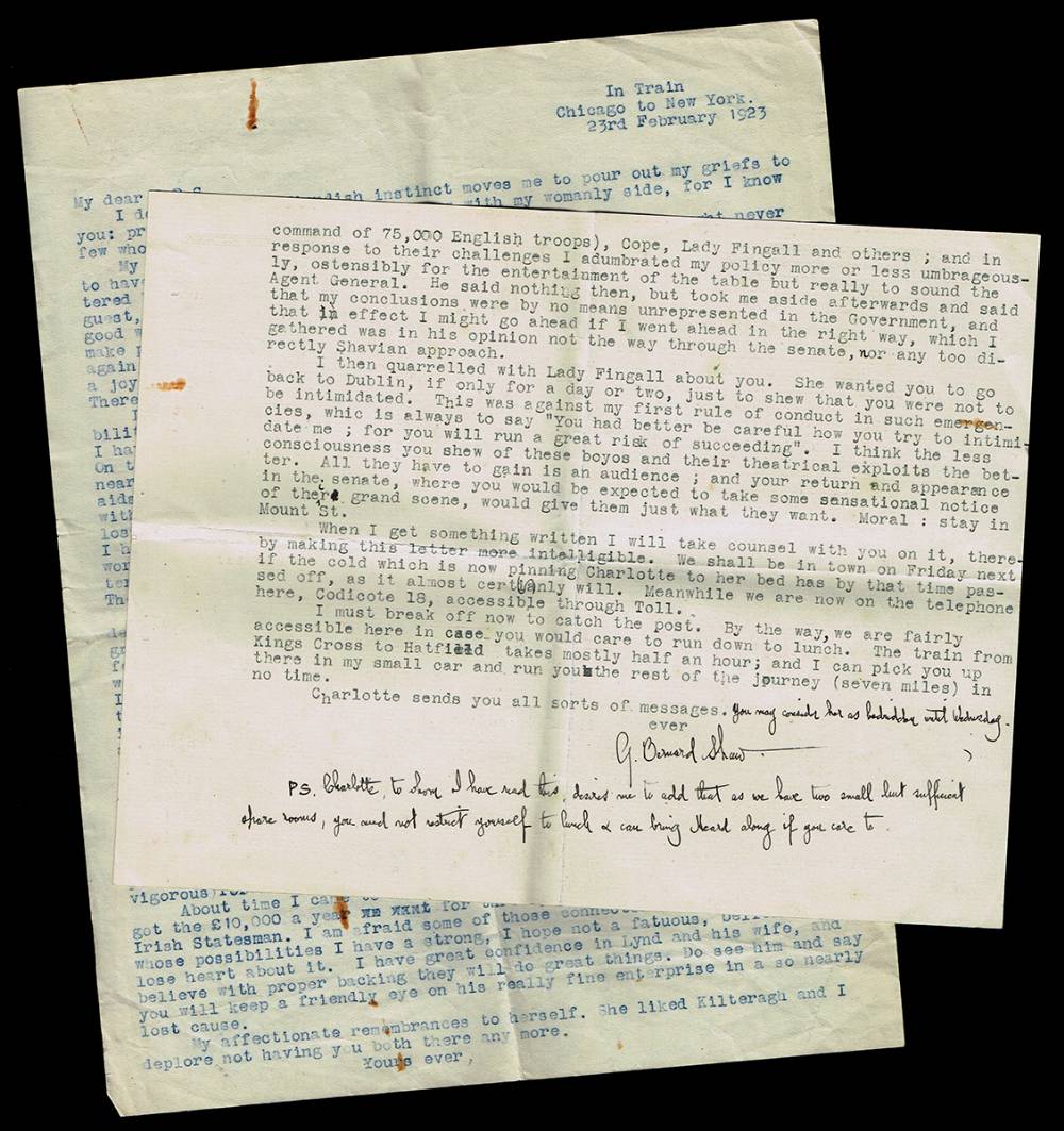 1923 (February) Correspondence between Sir Horace Plunkett and George Bernard Shaw after the burning by the IRA of Plunkett's house. at Whyte's Auctions