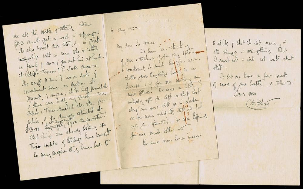 1923 (August 6) Letter from Charlotte Shaw, wife of GB Shaw, to Sir Horace Plunkett. at Whyte's Auctions