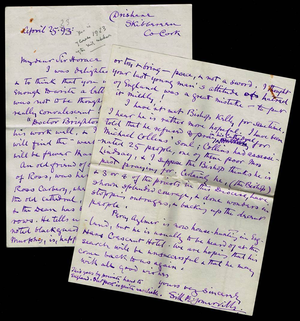 1923 (April 4 & 25) Letters from Edith Sommerville to Sir Horace Plunkett. at Whyte's Auctions