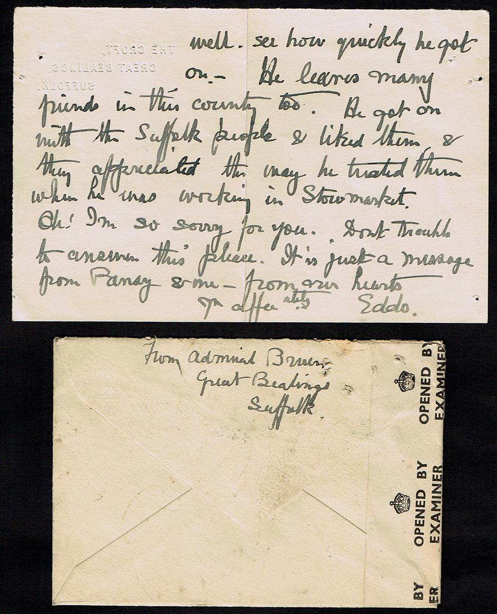 1944 (December 24) Letter of commiseration from Admiral Bruen to Alice Holroyd Smyth. at Whyte's Auctions