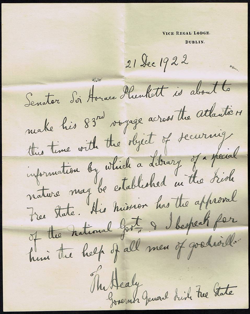 1922 (December 21) Letter of introduction from Tim Healy Governor General of the Irish Free State for Senator Sir Horace Plunkett. at Whyte's Auctions