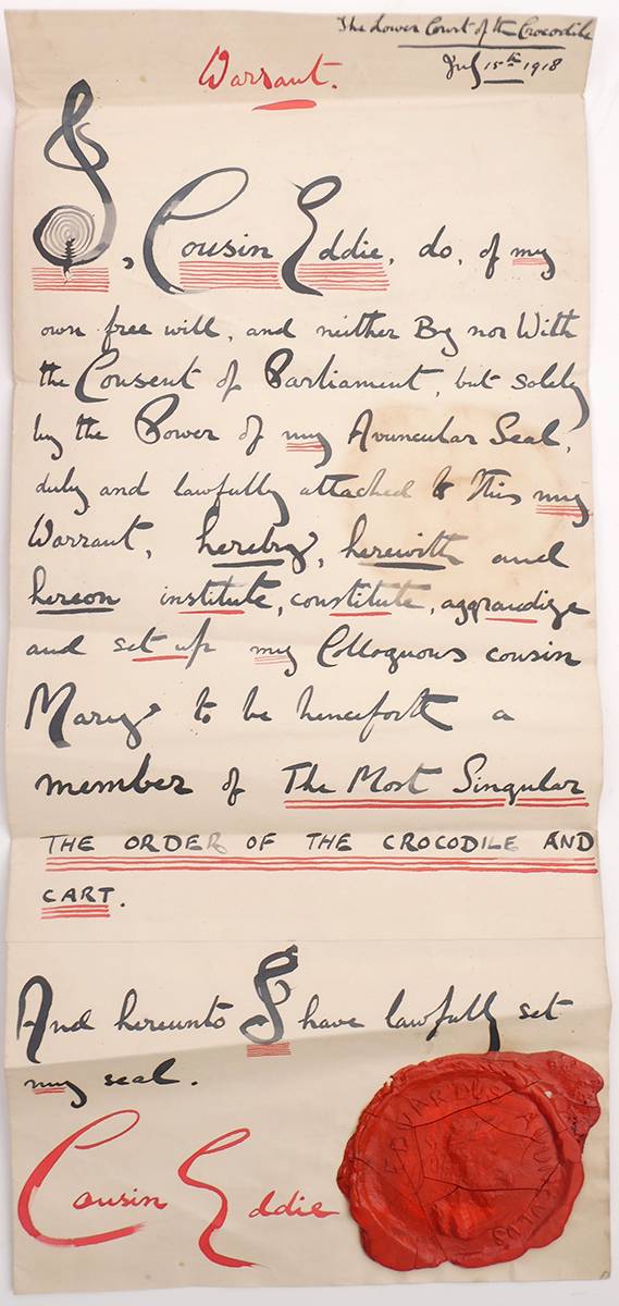 1918 (July 15) Edward Plunkett, Lord Dunsany, warrant of membership of the Order of the Crocodile and Cart. at Whyte's Auctions