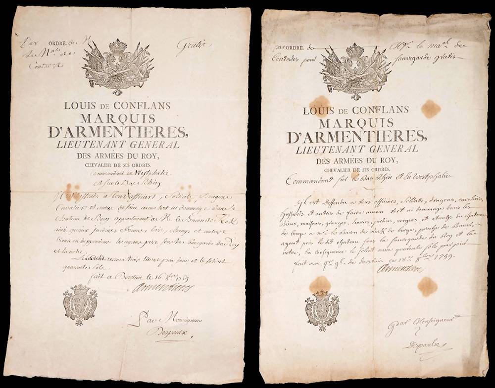 1759 (October 16 and 18) Orders of Louis de Conflans, Marquis d'Armentieres, Lieutenant General des Armes du Roi. at Whyte's Auctions