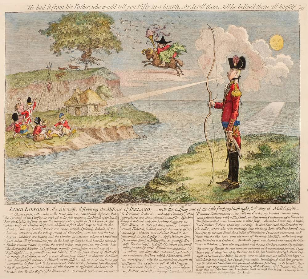 1798 Lord Longbow, the Alarmist, discovering the Miseries of Ireland, cartoon by Gillray. at Whyte's Auctions