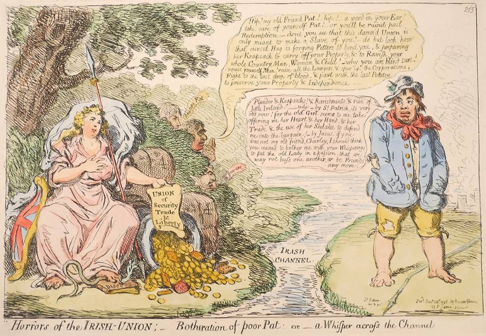 1798 Horrors of the Irish Union: Botheration of poor Pat or a whisper across the Channel, cartoon by Gillray. at Whyte's Auctions