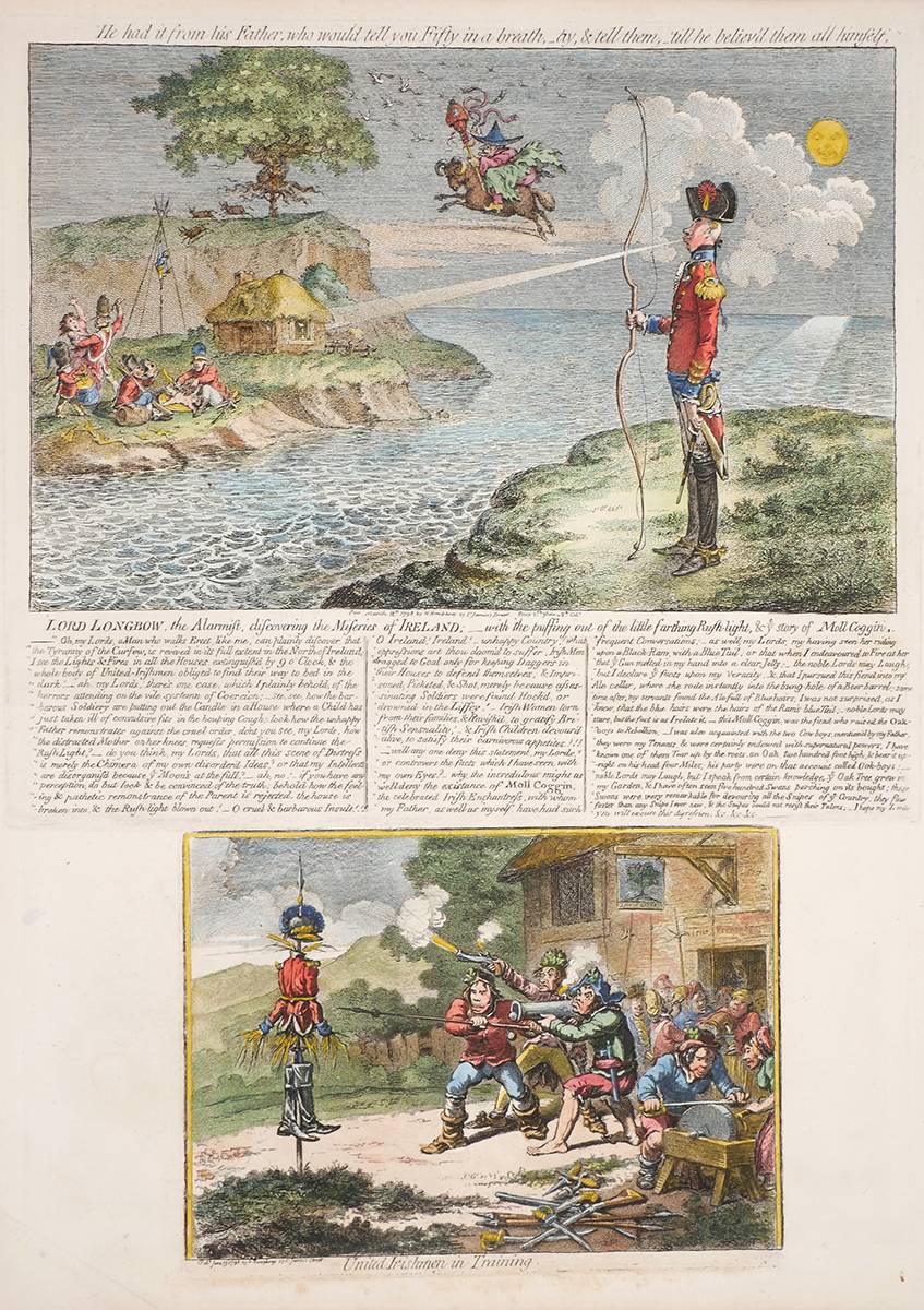 1798 Lord Longbow, the Alarmist, discovering the Miseries of Ireland and United Irishmen in Training, cartoons by Gillray. at Whyte's Auctions