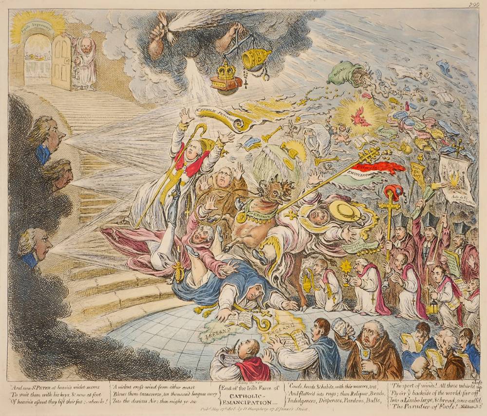 1805 End of the Irish Farce of Catholic Emancipation, cartoon by Gillray. at Whyte's Auctions