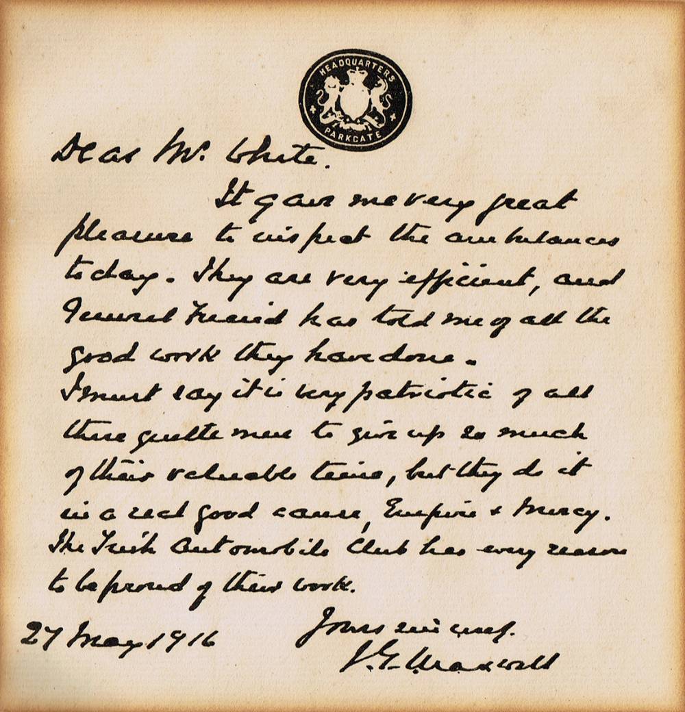 1916 (May 27) Facsimile letter from General Maxwell to The Irish Automobile Club Ambulance Service. at Whyte's Auctions