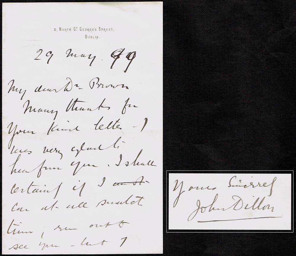 1899 (May 29) Autograph letter signed by John Dillon, a glass slide of Dillon and a gilt metal medal of Dillon. at Whyte's Auctions