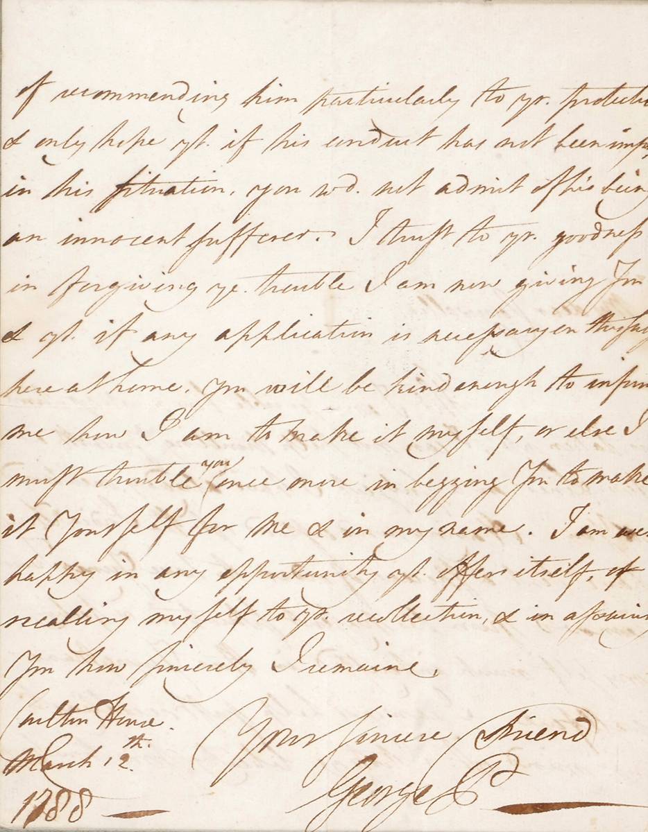 1788 (March 12) Autograph letter, signed from George IV as Prince Regent,  to Lord Cornwallis. at Whyte's Auctions