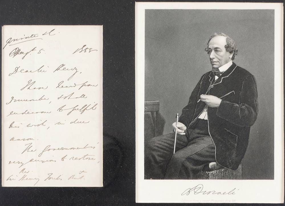 1858 (August 5) Autograph letter signed by  Benjamin Disraeli. at Whyte's Auctions