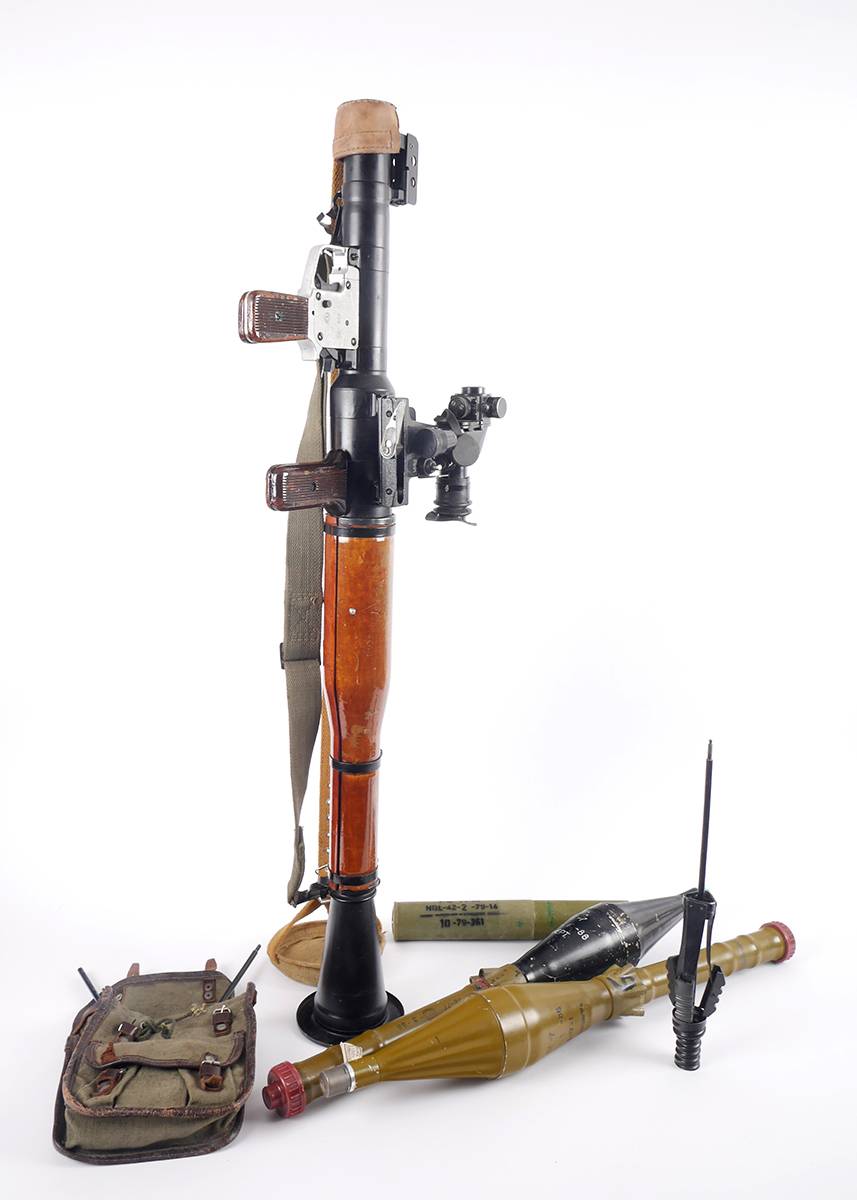 RPG 7 rocket launcher, two inert rocket-propelled grenades, inert booster rocket and accessories. at Whyte's Auctions