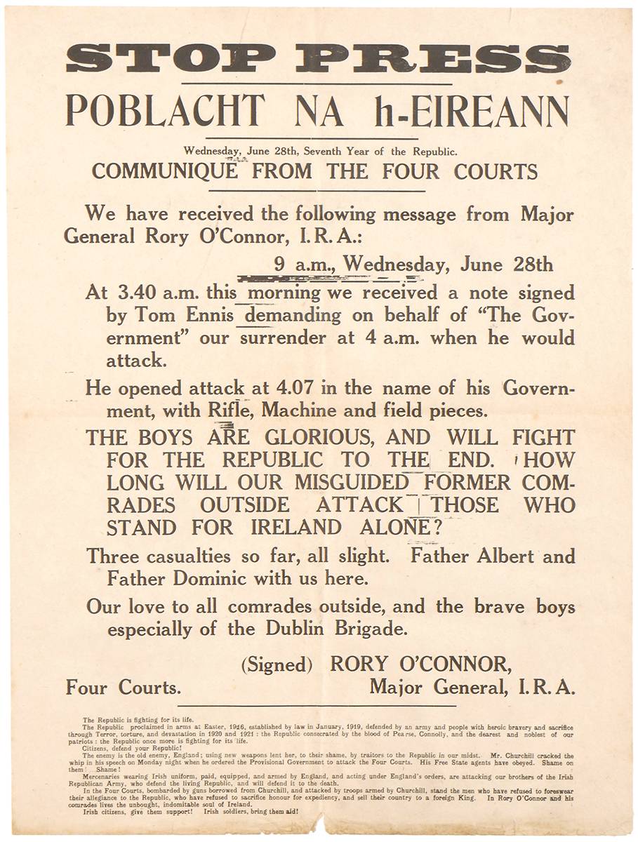 1922  (June 28, 9am) Stop Press. Poblacht na hireann. Communique from the Four Courts. at Whyte's Auctions