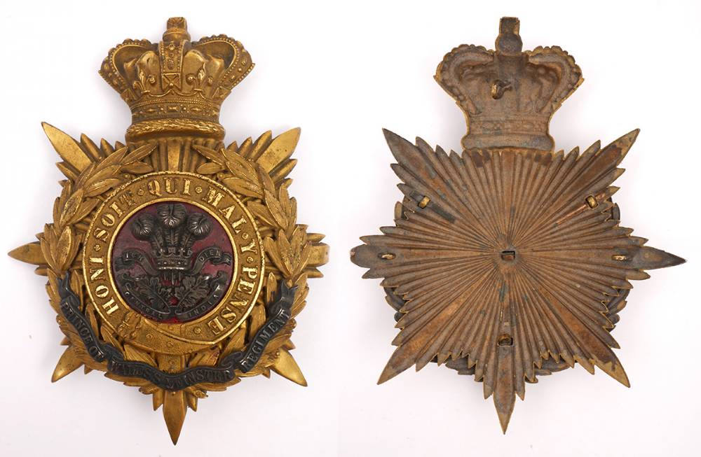 Victorian bi-metal helmet badge for Prince of Wales Leinster Regiment at Whyte's Auctions
