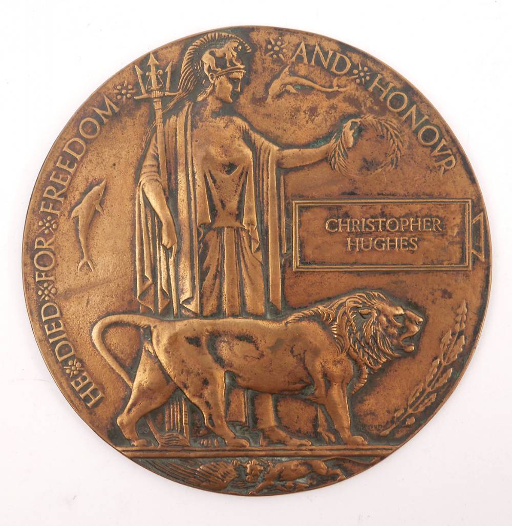 1914-1918 World War I Death plaque to Christopher Hughes at Whyte's Auctions