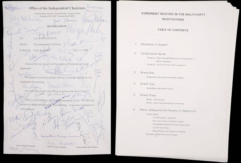 1998 (April 10) Memorandum and Final Draft of the Belfast 'Good Friday' Agreement, signed at Whyte's Auctions