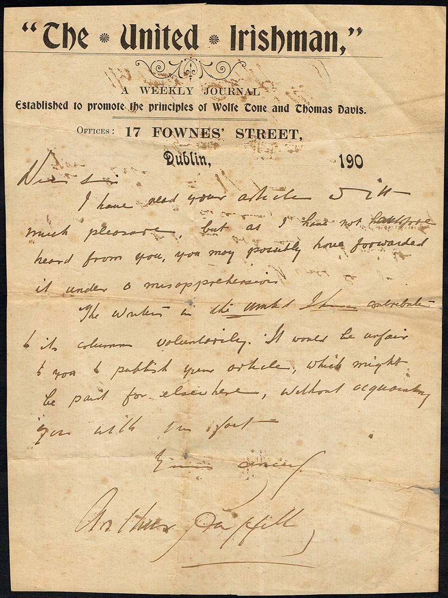 Circa 1900. Arthur Griffith letter to a contributor to United Irishman newspaper. at Whyte's Auctions