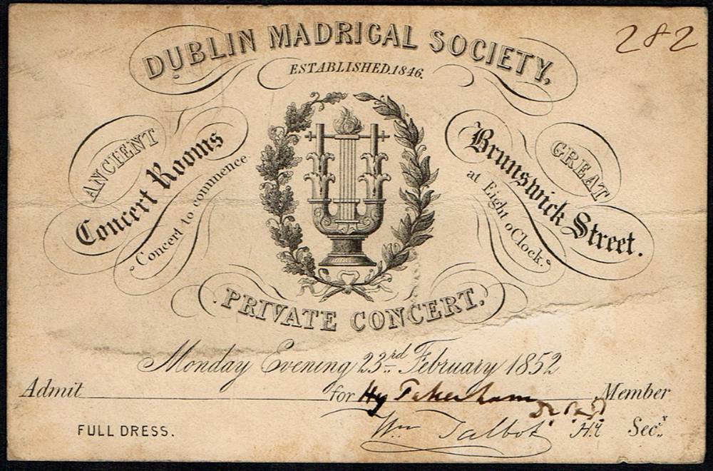 1852 (February 23) Dublin Madrigal Society, ticket Signed by Henry Pakenham at Whyte's Auctions