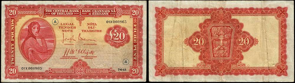 Central Bank of Ireland, 'Lady Lavery', War Code Twenty Pounds, 7-6-43. at Whyte's Auctions
