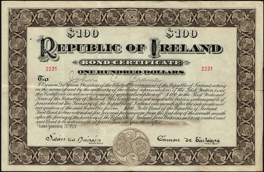 1920 Republic of Ireland Bond Certificate for One Hundred Dollars at Whyte's Auctions