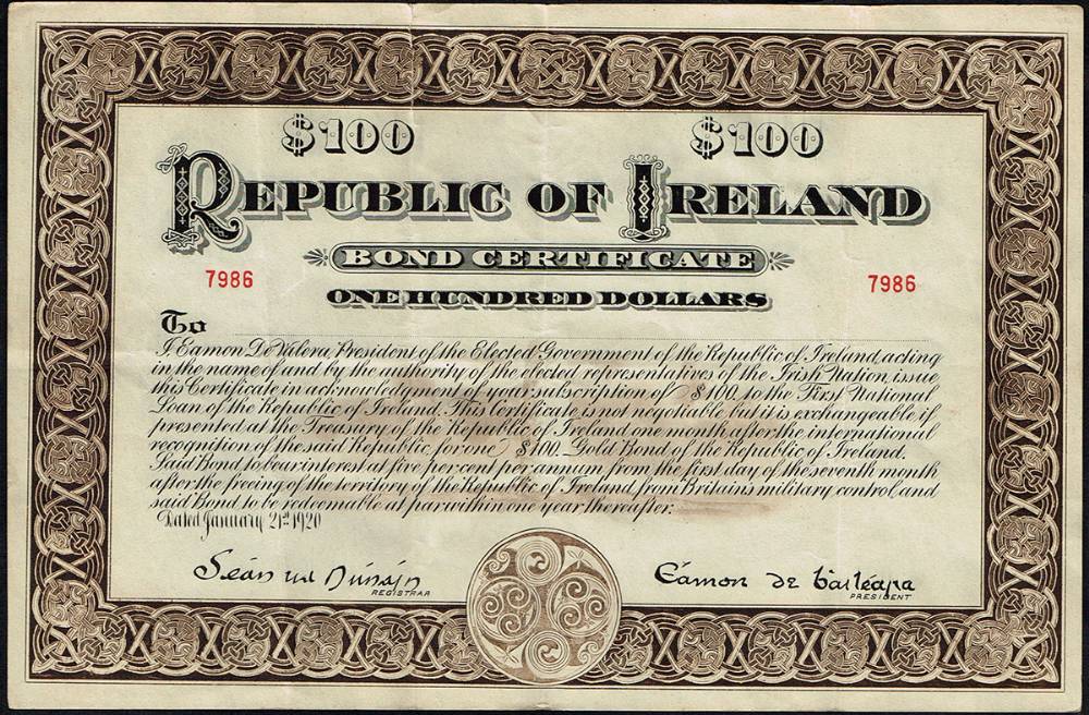 1920 Republic of Ireland Bond Certificate for One Hundred Dollars at Whyte's Auctions
