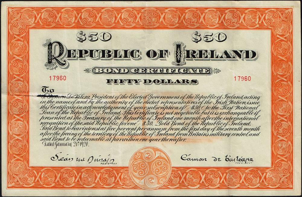 1920 Republic of Ireland Bond Certificate for Fifty Dollars at Whyte's Auctions