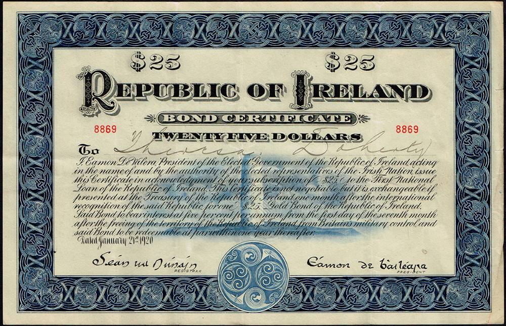 1920 Republic of Ireland Bond Certificate for Twenty-five Dollars at Whyte's Auctions