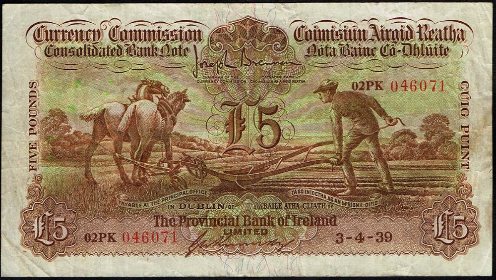 Currency Commission Consolidated Banknote 'Ploughman' Provincial Bank of Ireland Five Pounds, 3-4-39. at Whyte's Auctions